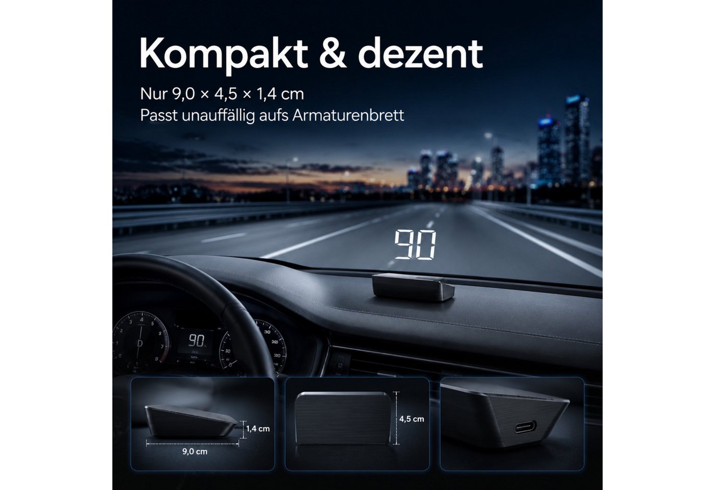 HS.SUPPLY Head Up Display GPS HUD Tacho Auto Geschwindigkeitsanzeige Head-Up Display USB-C, Komplett-Set, 5-teiliges Set, Lichtsensor, Automatisches Ein- & Auss – Bild 4 von 5