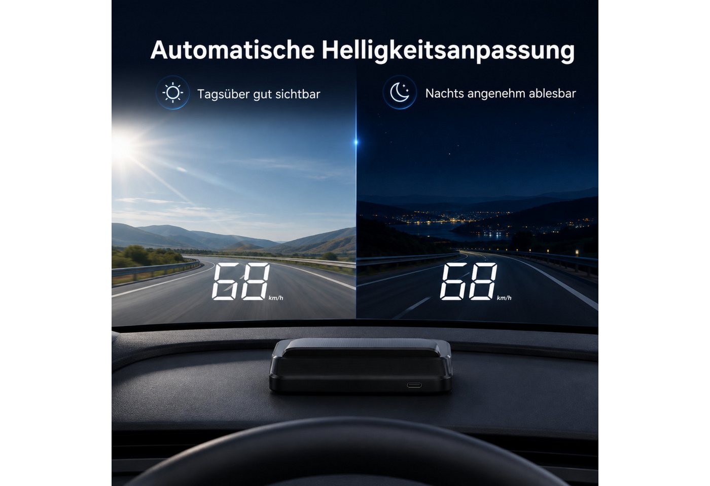 HS.SUPPLY Head Up Display GPS HUD Tacho Auto Geschwindigkeitsanzeige Head-Up Display USB-C, Komplett-Set, 5-teiliges Set, Lichtsensor, Automatisches Ein- & Auss – Bild 5 von 5
