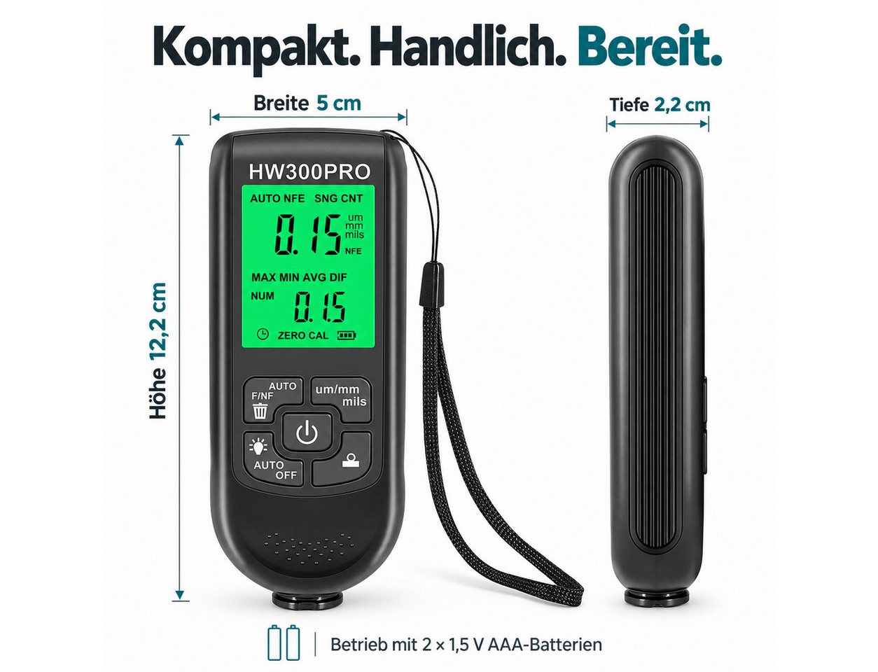 HS.SUPPLY Lackschichtenmessgerät Lackdickenmesser, digitales Beschichtungsdickenmessgerät, Lackmessgerät für lackierte & nicht lackierte Metalloberflächen – Bild 2 von 5
