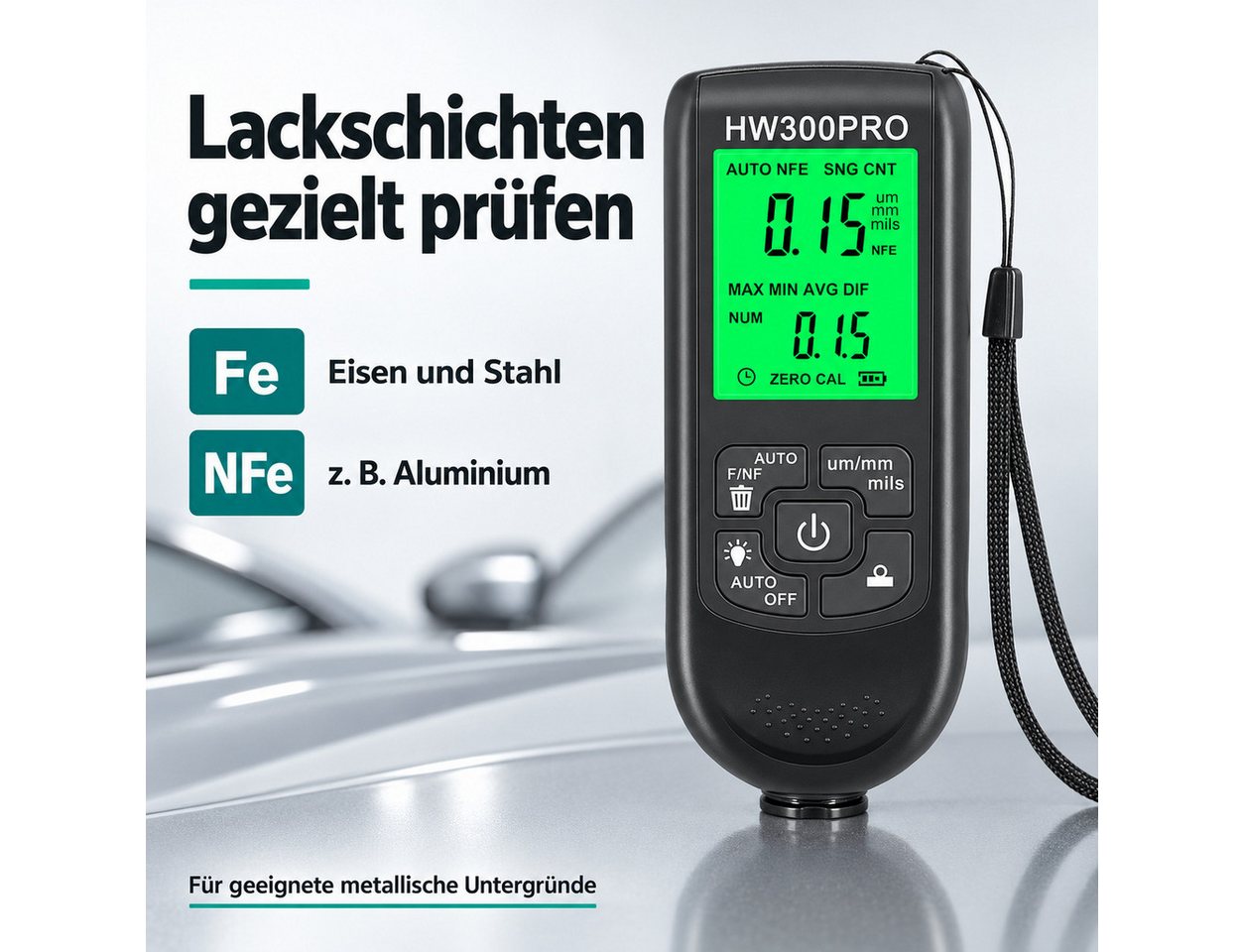 HS.SUPPLY Lackschichtenmessgerät Lackdickenmesser, digitales Beschichtungsdickenmessgerät, Lackmessgerät für lackierte & nicht lackierte Metalloberflächen – Bild 3 von 5