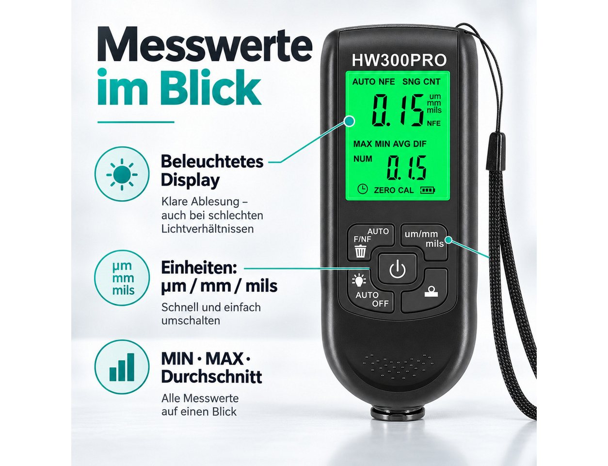 HS.SUPPLY Lackschichtenmessgerät Lackdickenmesser, digitales Beschichtungsdickenmessgerät, Lackmessgerät für lackierte & nicht lackierte Metalloberflächen – Bild 4 von 5