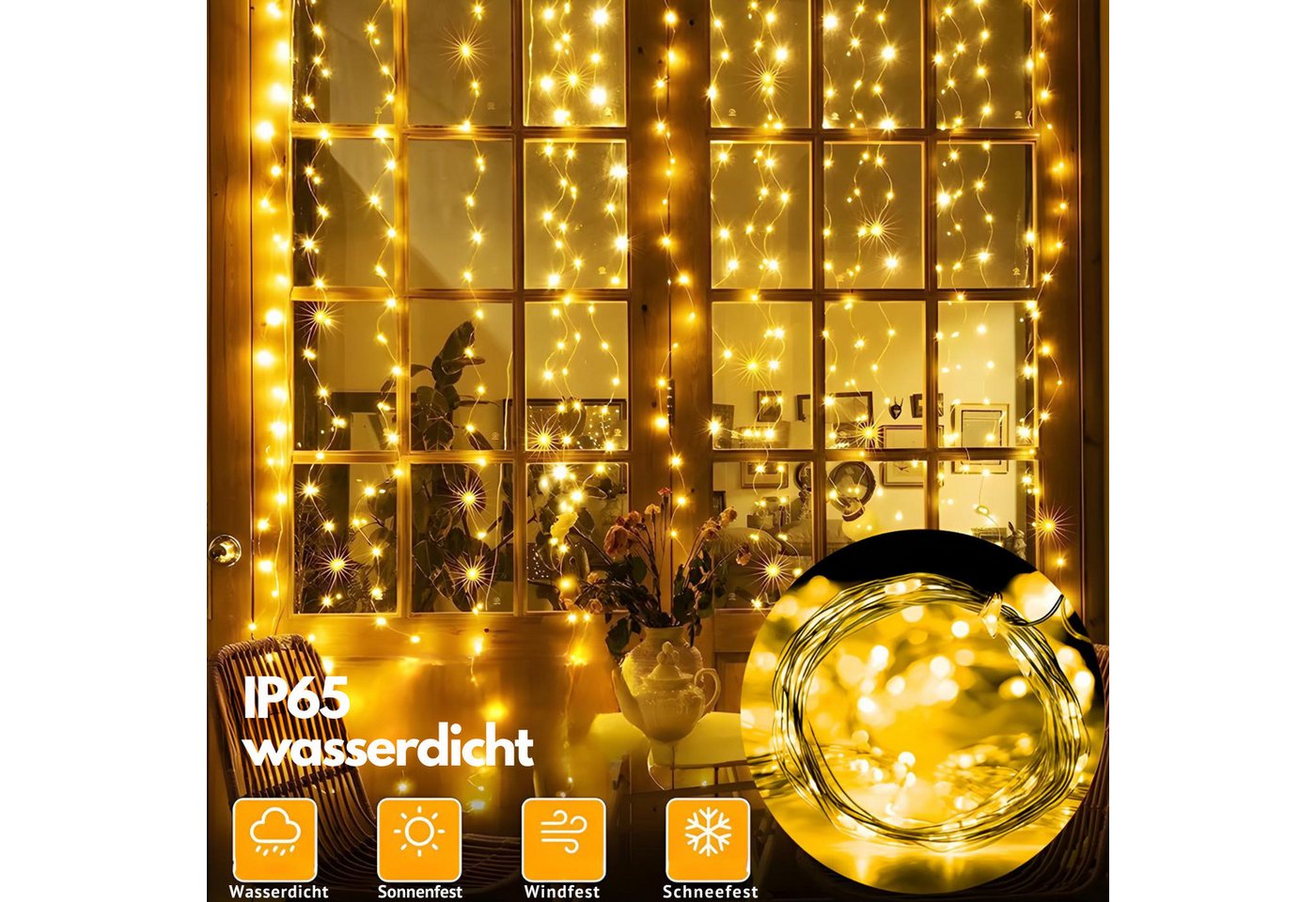 HS.SUPPLY LED-Lichtervorhang Solar Lichterkette, Solar Licht Garten – 8 Modi, Solarbetriebener Lichtervorhang, Outdoor & Indoor – Bild 2 von 5