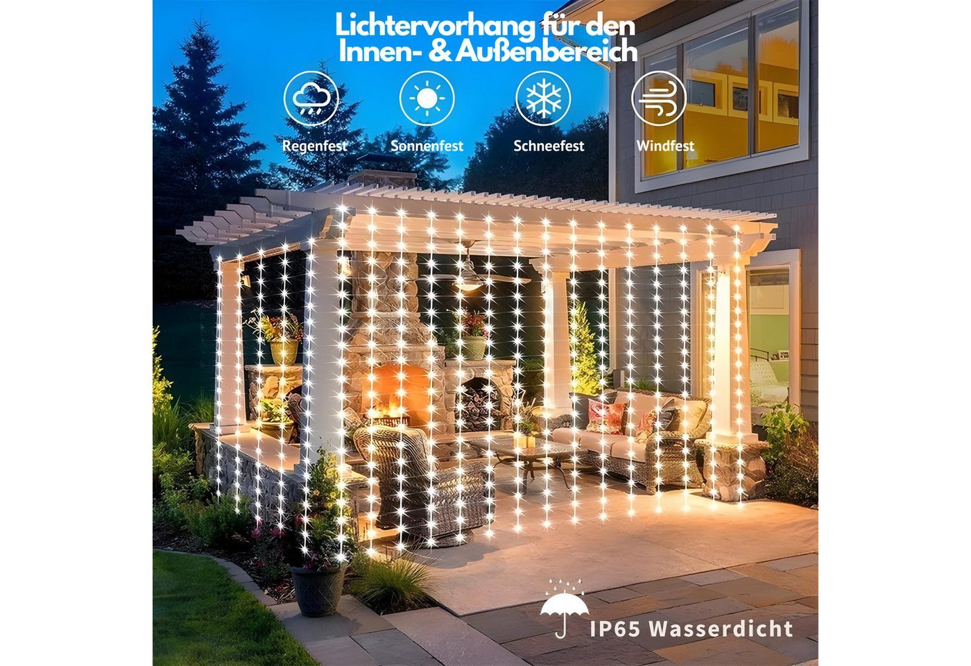 HS.SUPPLY LED-Lichtervorhang Solar Lichterkette, Solar Licht Garten – 8 Modi, Solarbetriebener Lichtervorhang, Outdoor & Indoor – Bild 3 von 5