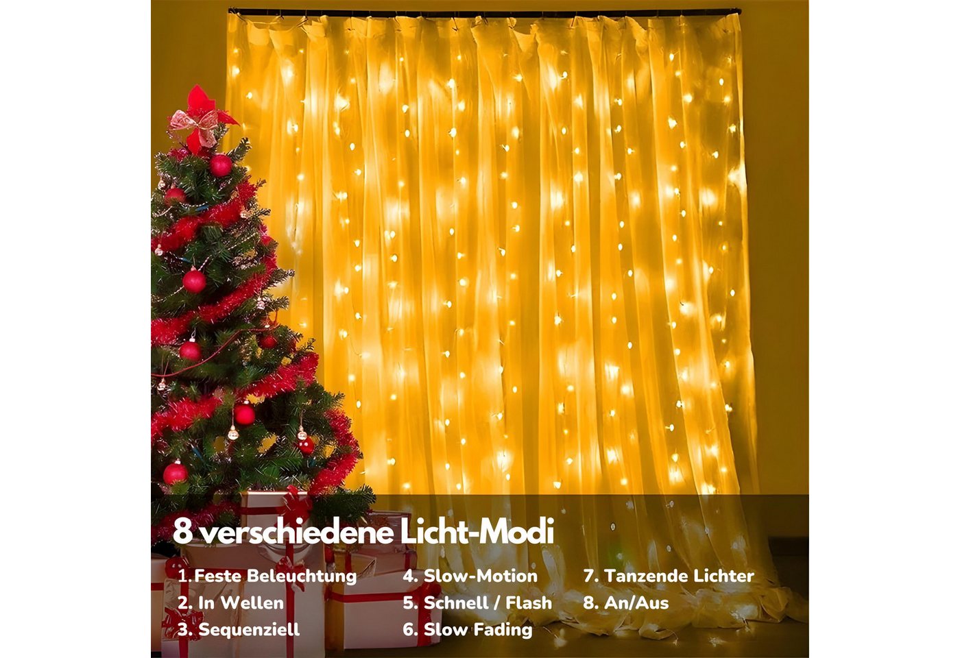 HS.SUPPLY LED-Lichtervorhang Solar Lichterkette, Solar Licht Garten – 8 Modi, Solarbetriebener Lichtervorhang, Outdoor & Indoor – Bild 4 von 5