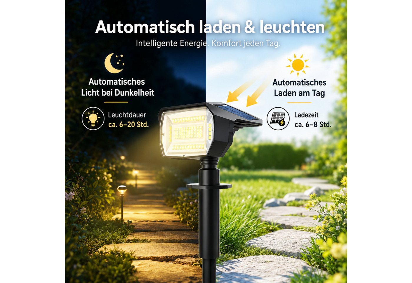 HS.SUPPLY LED Solarleuchte LED Solar Gartenleuchte IP65 mit Erdspieß & Wandhalterung, warmweiß, LED fest integriert, warmweiß, Tageslichtweiß, RGB, Solarbetrieb – Bild 3 von 5