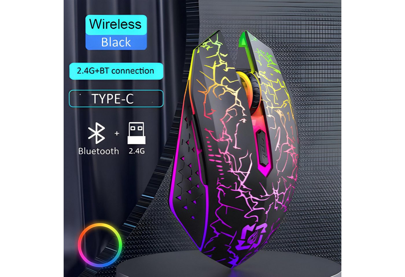 HS.SUPPLY RGB Gaming Maus wireless, Leise & aufladbar Gaming-Maus (Bluetooth, Funk, Einstellbare DPI-Auflösung, RGB Beleuchtung, 6 Tasten) – Bild 2 von 5