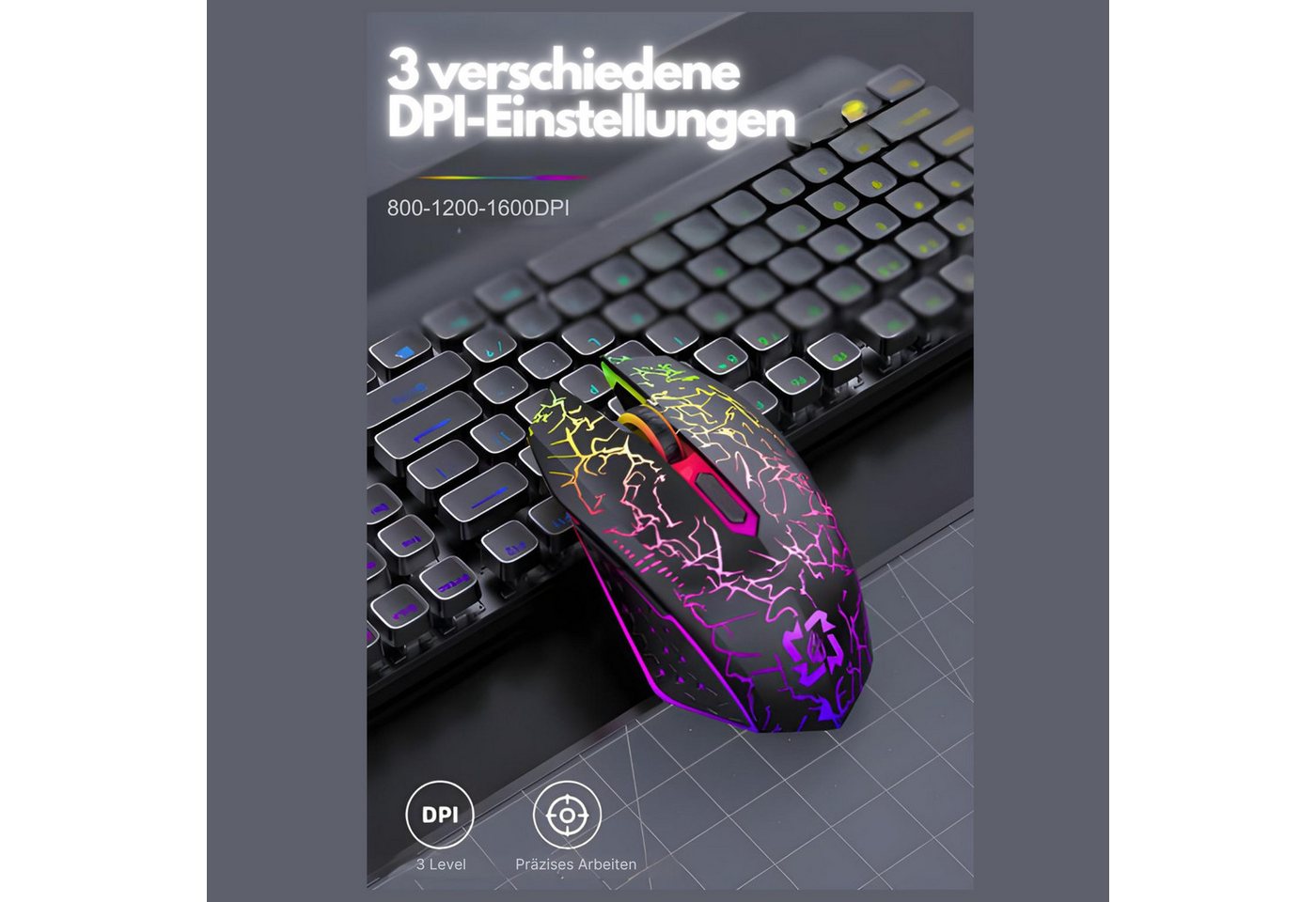 HS.SUPPLY RGB Gaming Maus wireless, Leise & aufladbar Gaming-Maus (Bluetooth, Funk, Einstellbare DPI-Auflösung, RGB Beleuchtung, 6 Tasten) – Bild 4 von 5