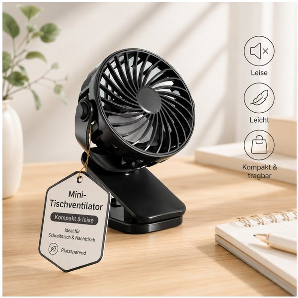 HS.SUPPLY Tischventilator Clip- und Tischfunktion, 3 Geschwindigkeitsstufen, 720° verstellbar, 2-in-1 Clip- & Tischfunktion, 3 Windstufen, 720° manuell verstell