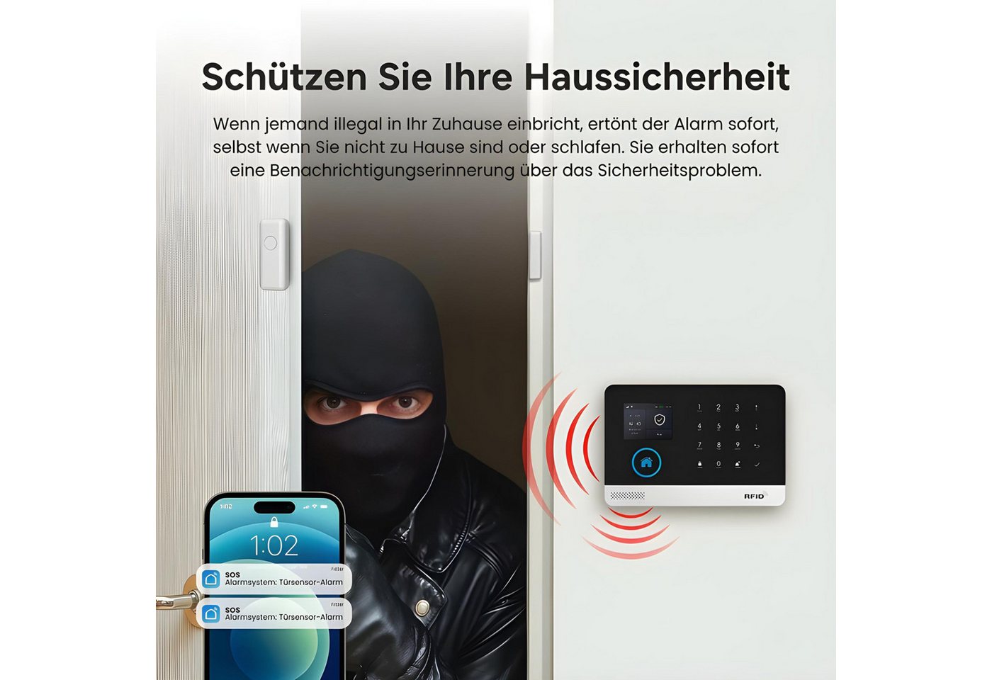 HS.SUPPLY WLAN Alarmanlage Set mit App, Bewegungsmelder & Türsensor Alarmanlage (Smart Alarmanlage mit App, 100 dB Sirene und 24h Akku-Backup) – Bild 3 von 5