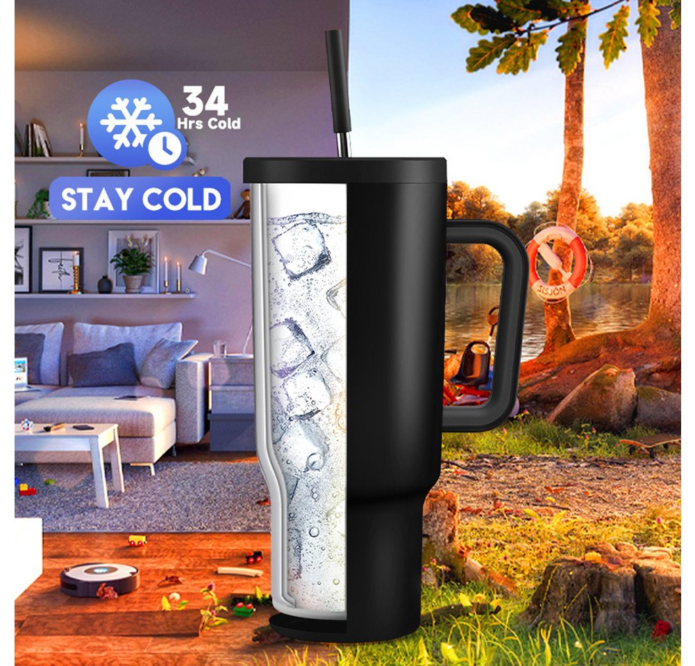 HT Thermobecher Trinkflasche mit Strohhalm 1.2L, Kühlt 11 Stunden - 34 Stunden Eisgekühlt - Kaffeebecher To Go – Bild 4 von 5