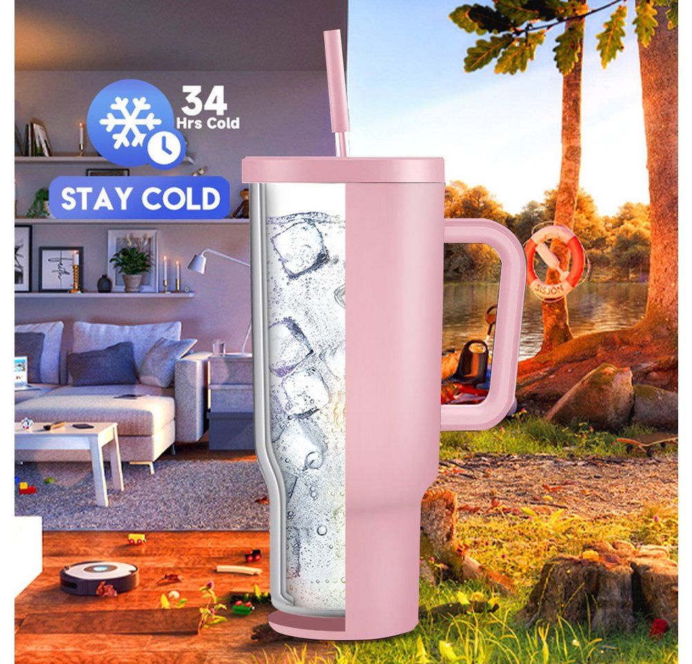 HT Thermobecher Trinkflasche mit Strohhalm 1.2L, Kühlt 11 Stunden - 34 Stunden Eisgekühlt - Kaffeebecher To Go – Bild 4 von 5