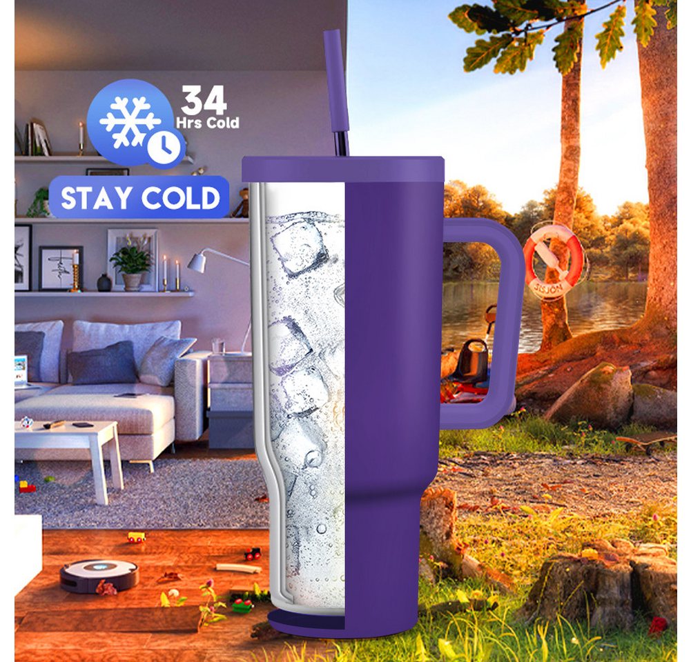 HT Thermobecher Trinkflasche mit Strohhalm 1.2L, Kühlt 11 Stunden - 34 Stunden Eisgekühlt - Kaffeebecher To Go – Bild 4 von 5