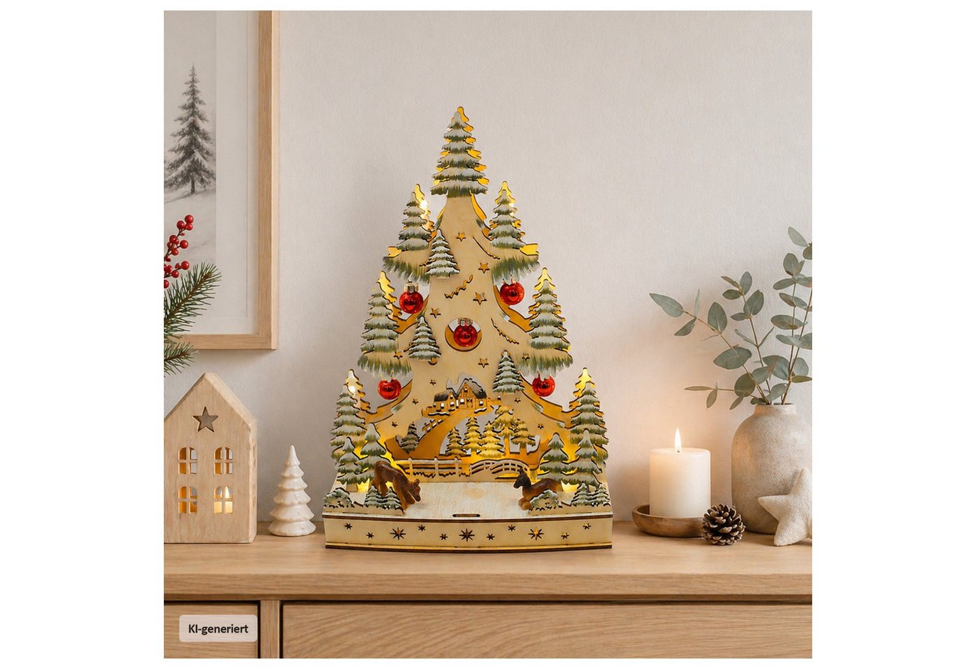 HTI-Living Schwibbogen LED Schwibbogen Weihnachtsbaum mit Kugeln und Rentieren (1-tlg), Lichterspitze aus Holz, batteriebetrieben – Bild 3 von 3