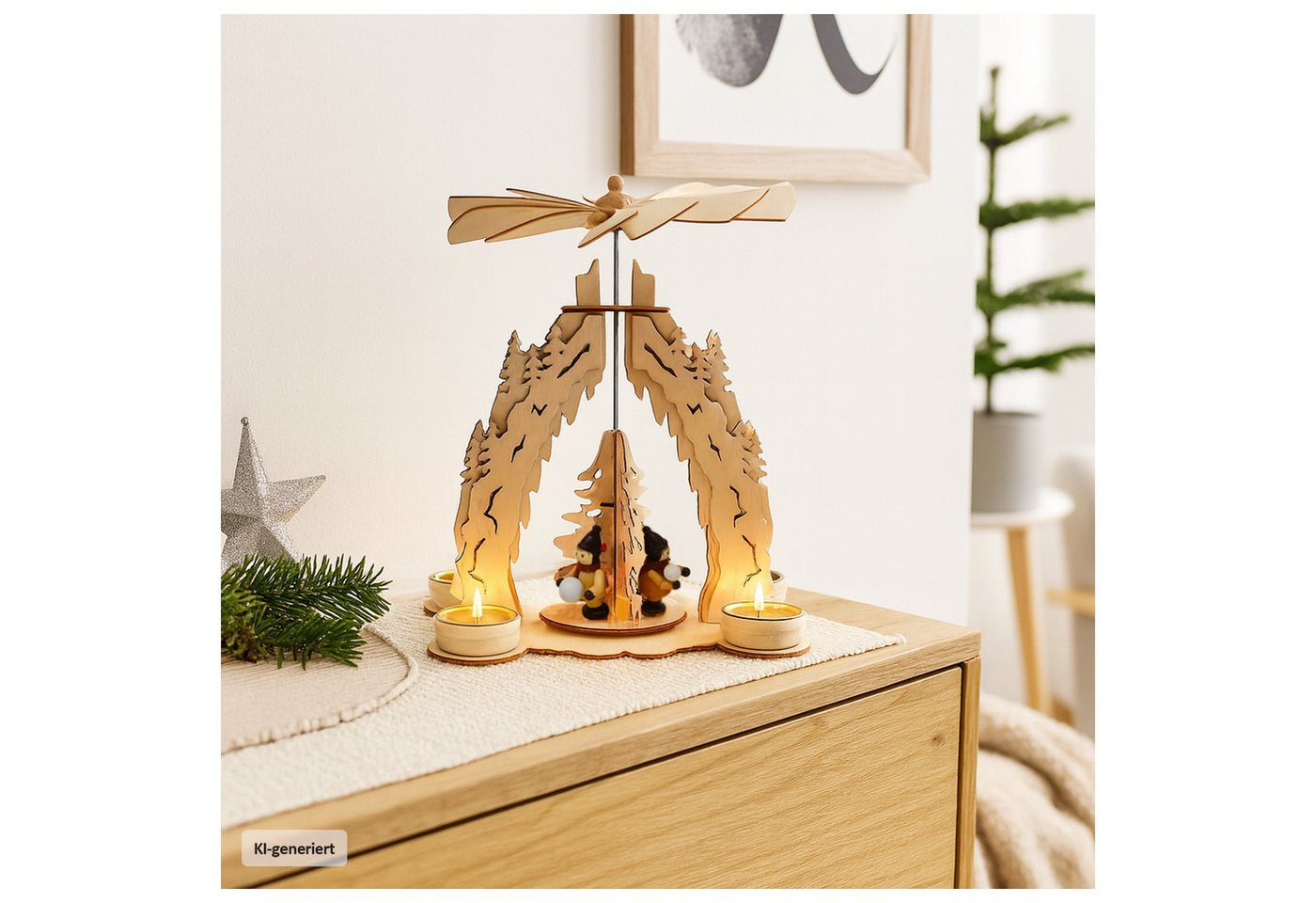 HTI-Living Weihnachtspyramide Tischpyramide Schneeball, Holzpyramide Weihnachtspyramide für 4 Teelichter – Bild 2 von 2