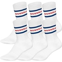 HUDDLE Unisex Socken, 6er Pack - Streifen, Logo, Crew, Sportsocken, einfarbig, Größe 43-46 in Weiß