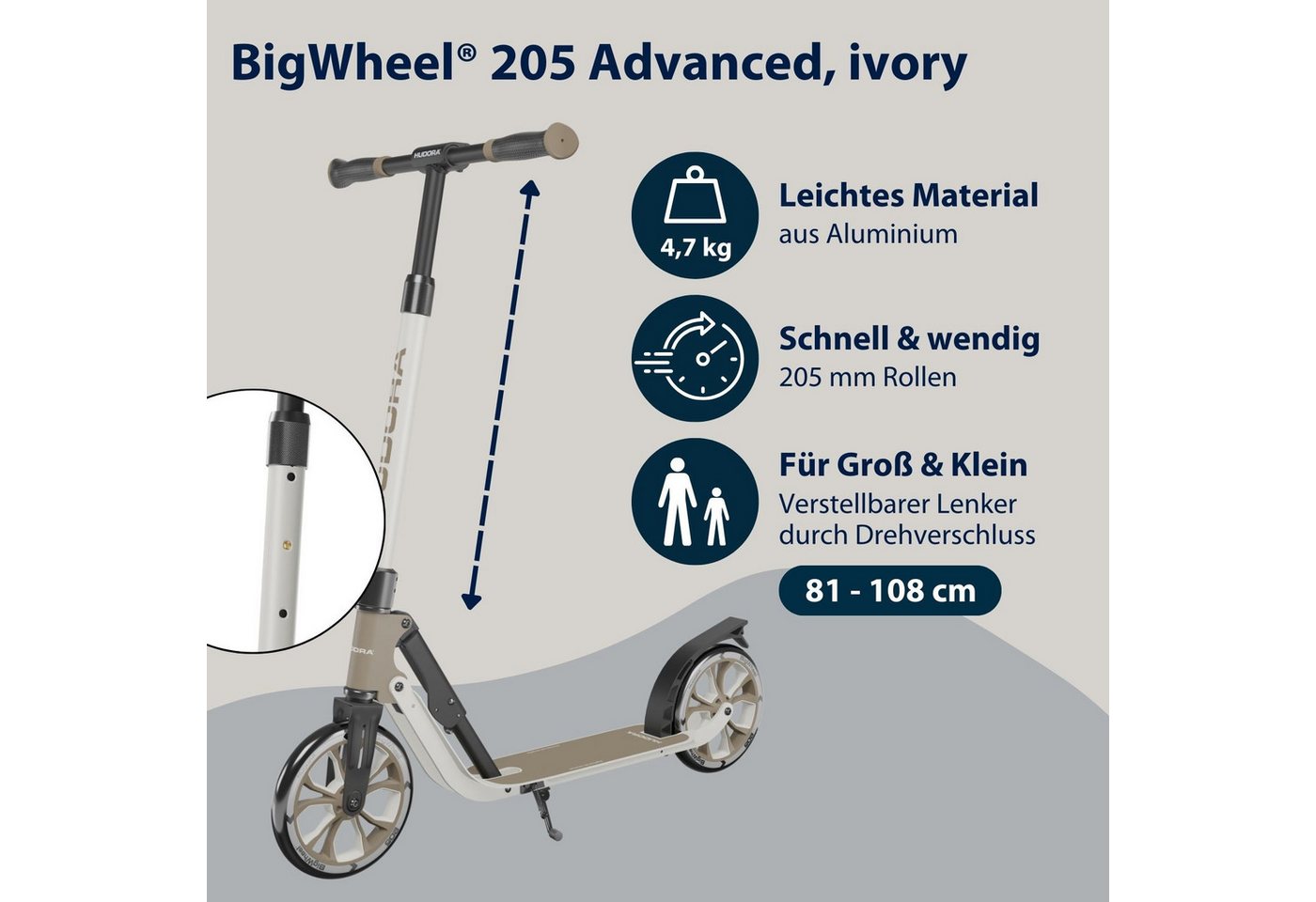 Hudora Cityroller BigWheel® 205 Advanced, Tretroller, (max. 100kg), einklappbarer, höhenverstellbarer Kick-Scooter – Bild 2 von 5