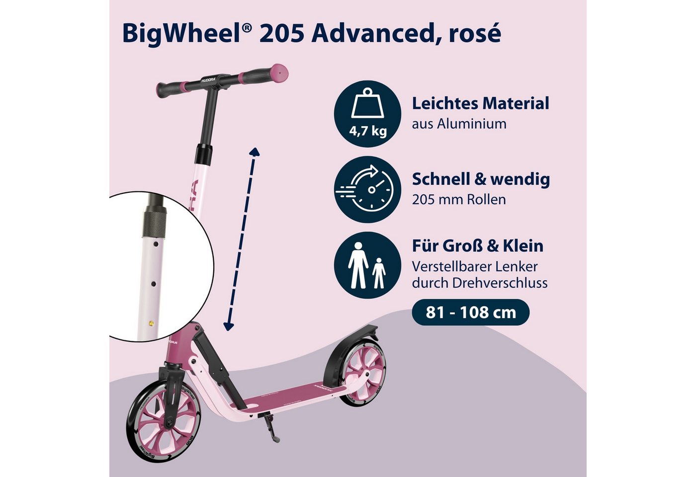 Hudora Cityroller BigWheel® 205 Advanced, Tretroller, (max. 100kg), einklappbarer, höhenverstellbarer Kick-Scooter – Bild 2 von 5
