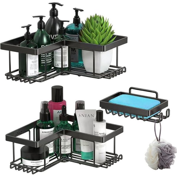 HUGERSTONE Duschregal Duschablage Ohne Bohren, Badezimmer Organizer mit Seifenhalter Haken, 3-tlg., Edelstahl Elbstklebender Duschkorb für Bad Küche Toilette Au