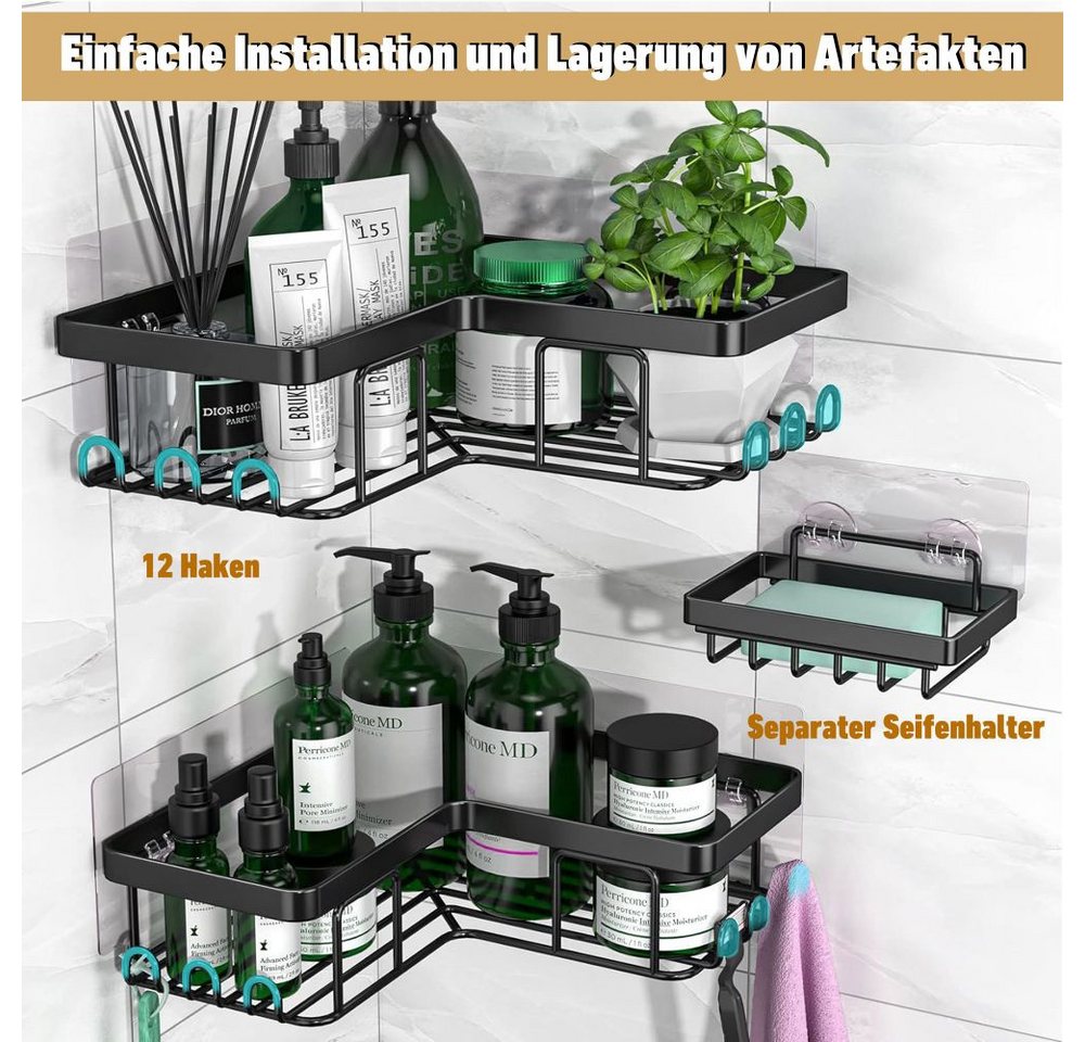 HUGERSTONE Duschregal Duschablage Ohne Bohren, Badezimmer Organizer mit Seifenhalter Haken, 3-tlg., Edelstahl Elbstklebender Duschkorb für Bad Küche Toilette Au – Bild 3 von 5