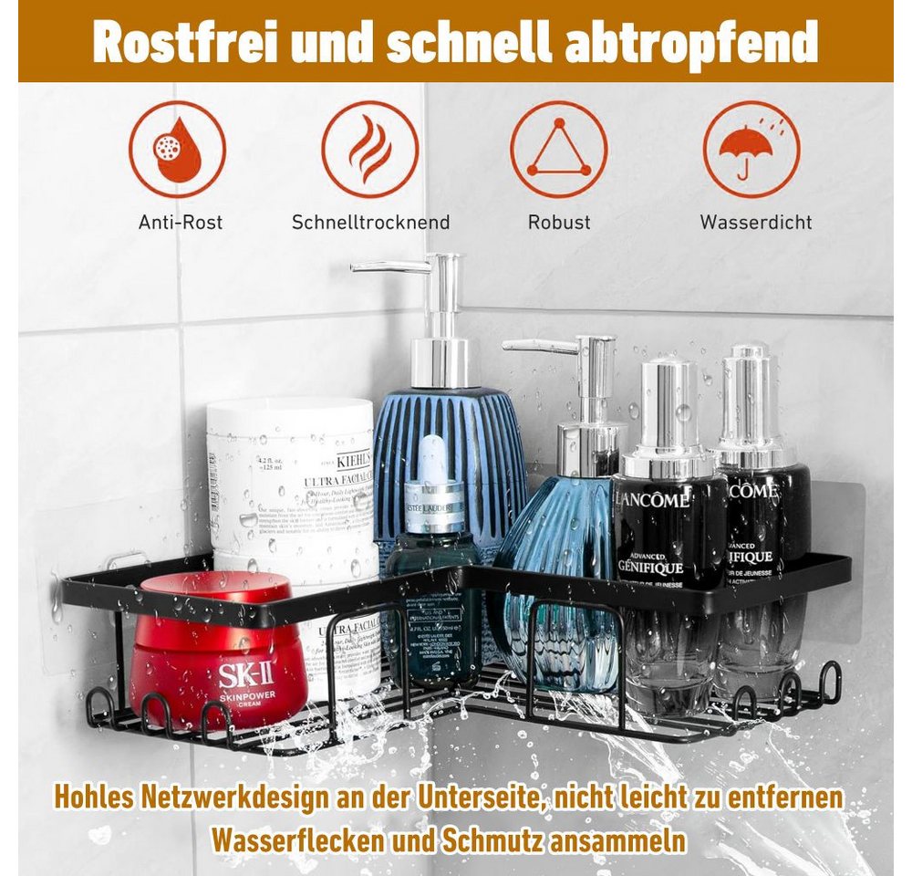 HUGERSTONE Duschregal Duschablage Ohne Bohren, Badezimmer Organizer mit Seifenhalter Haken, 3-tlg., Edelstahl Elbstklebender Duschkorb für Bad Küche Toilette Au – Bild 4 von 5