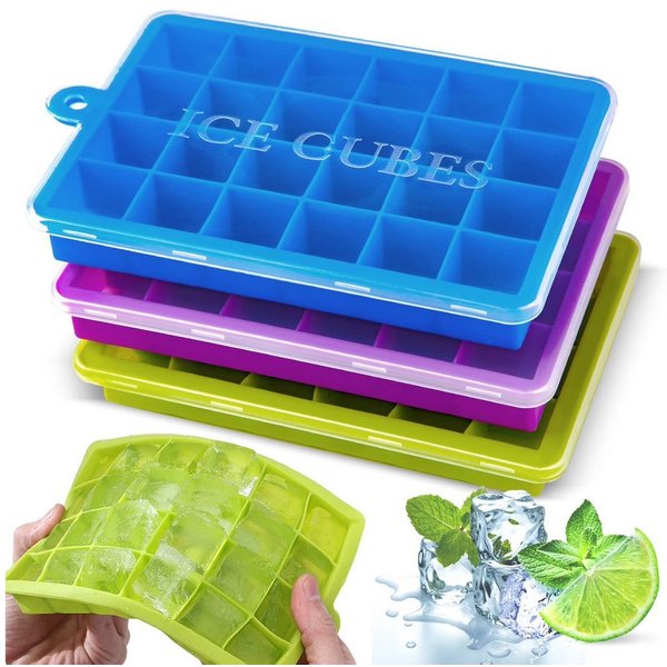HUGERSTONE Eiswürfelform 3 Pack Eiswürfelbehälter mit Deckel, Silikon Eiswürfelform, BPA frei, (Set, 24 x Eiswürfelformen, 72 Eiswürfel 3-tlg), Stapelbar, Leich