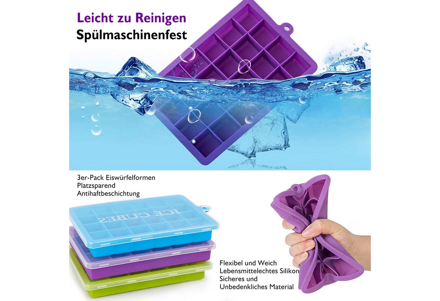HUGERSTONE Eiswürfelform 3 Pack Eiswürfelbehälter mit Deckel, Silikon Eiswürfelform, BPA frei, (Set, 24 x Eiswürfelformen, 72 Eiswürfel 3-tlg), Stapelbar, Leich – Bild 2 von 5