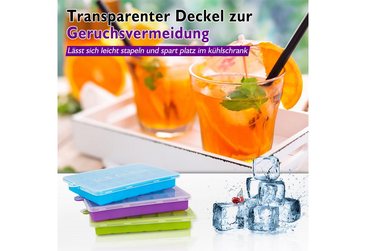 HUGERSTONE Eiswürfelform 3 Pack Eiswürfelbehälter mit Deckel, Silikon Eiswürfelform, BPA frei, (Set, 24 x Eiswürfelformen, 72 Eiswürfel 3-tlg), Stapelbar, Leich – Bild 4 von 5
