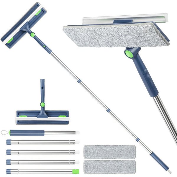 HUGERSTONE Fensterreiniger 2in1 Fensterputzer mit Teleskopstange (10-63inch) und Fensterabzieher, (1 x Fensterreiniger 1 x Fensterabzieher 2 x Reinigungstücher)