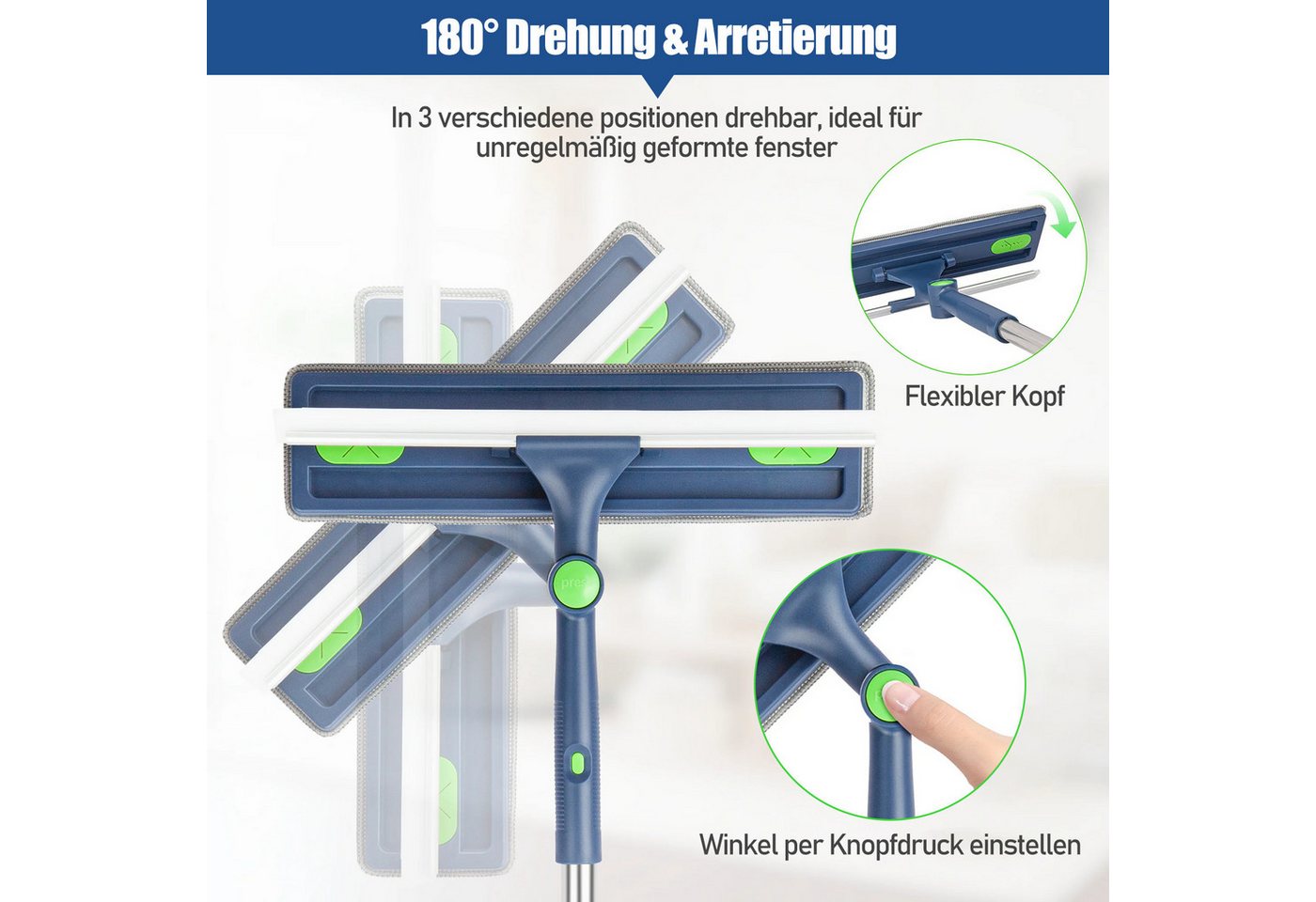 HUGERSTONE Fensterreiniger 2in1 Fensterputzer mit Teleskopstange (10-63inch) und Fensterabzieher, (1 x Fensterreiniger 1 x Fensterabzieher 2 x Reinigungstücher) – Bild 2 von 5