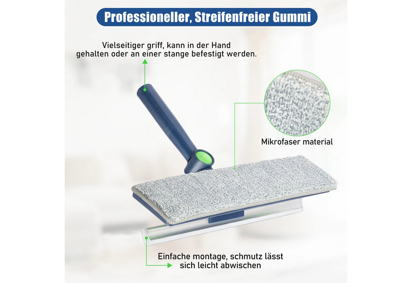 HUGERSTONE Fensterreiniger 2in1 Fensterputzer mit Teleskopstange (10-63inch) und Fensterabzieher, (1 x Fensterreiniger 1 x Fensterabzieher 2 x Reinigungstücher) – Bild 3 von 5