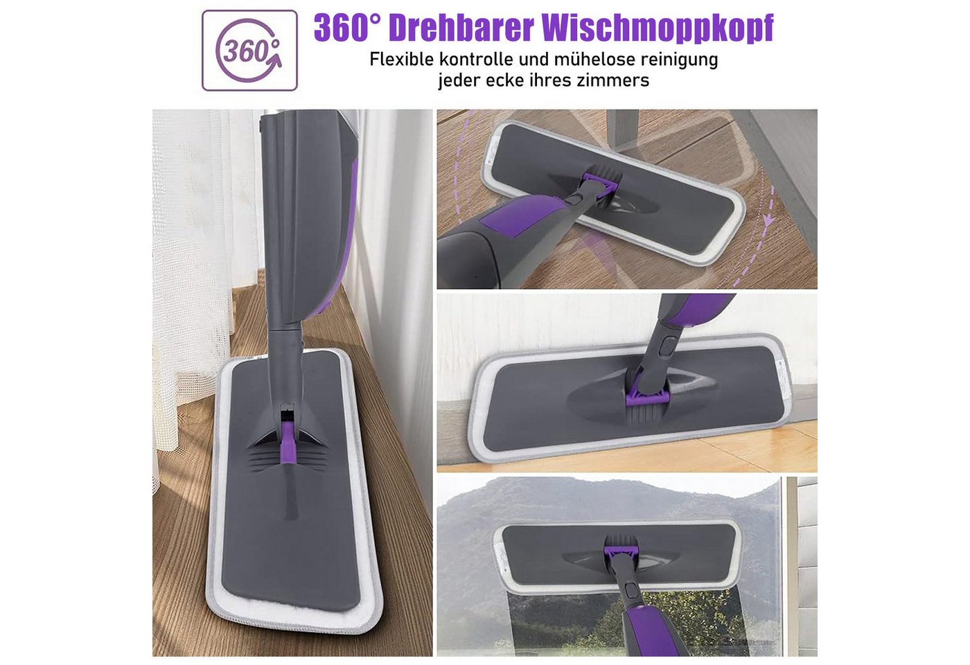 HUGERSTONE Sprühwischer Wischmopp mit 550ml Wassertank, Bodenwischer mit Sprühfunktion, Grau (360 Grad Rotierender Wischmopp für alle Böden) Nass und Trockenwis – Bild 2 von 5