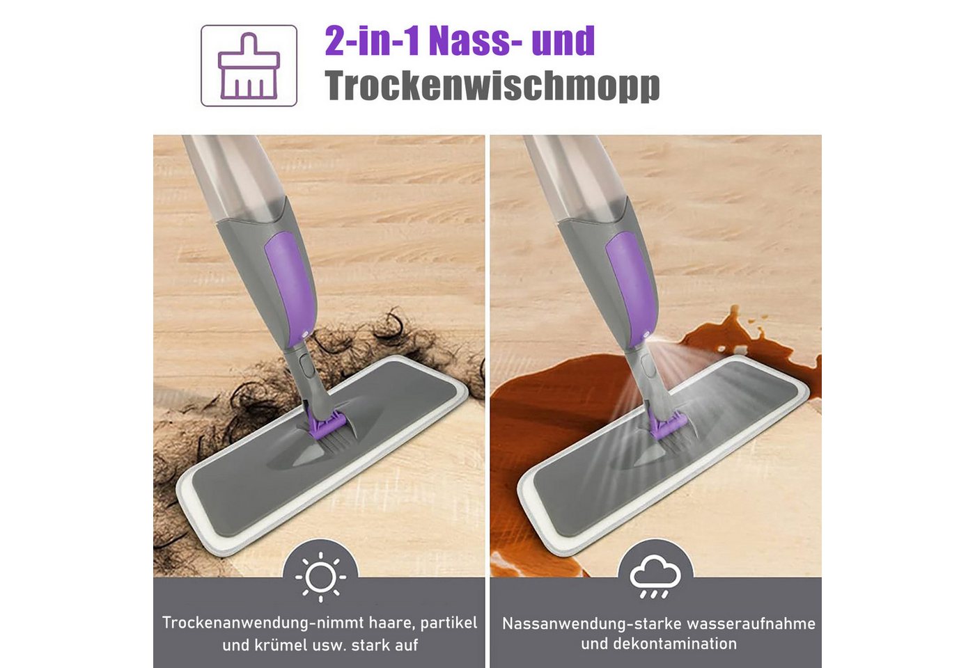 HUGERSTONE Sprühwischer Wischmopp mit 550ml Wassertank, Bodenwischer mit Sprühfunktion, Grau (360 Grad Rotierender Wischmopp für alle Böden) Nass und Trockenwis – Bild 3 von 5