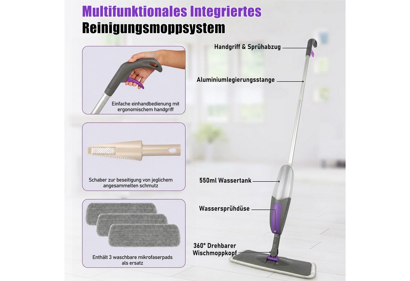 HUGERSTONE Sprühwischer Wischmopp mit 550ml Wassertank, Bodenwischer mit Sprühfunktion, Grau (360 Grad Rotierender Wischmopp für alle Böden) Nass und Trockenwis – Bild 4 von 5