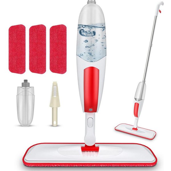 HUGERSTONE Sprühwischer Wischmopp mit 550ml Wassertank, Bodenwischer mit Sprühfunktion, Rot (360 Grad Rotierender Wischmopp für alle Böden) Nass und Trockenwisc