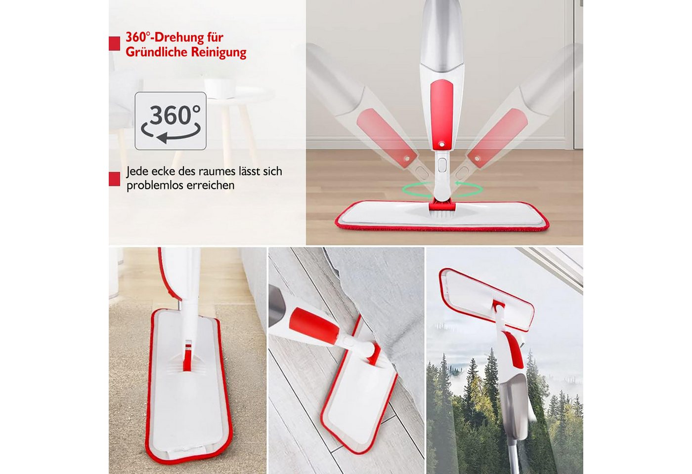 HUGERSTONE Sprühwischer Wischmopp mit 550ml Wassertank, Bodenwischer mit Sprühfunktion, Rot (360 Grad Rotierender Wischmopp für alle Böden) Nass und Trockenwisc – Bild 3 von 5