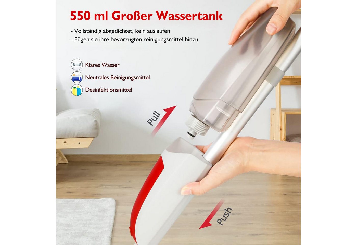 HUGERSTONE Sprühwischer Wischmopp mit 550ml Wassertank, Bodenwischer mit Sprühfunktion, Rot (360 Grad Rotierender Wischmopp für alle Böden) Nass und Trockenwisc – Bild 4 von 5