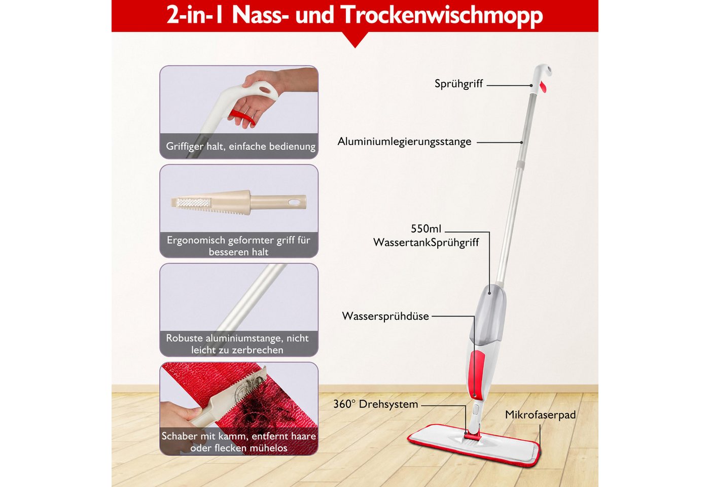 HUGERSTONE Sprühwischer Wischmopp mit 550ml Wassertank, Bodenwischer mit Sprühfunktion, Rot (360 Grad Rotierender Wischmopp für alle Böden) Nass und Trockenwisc – Bild 5 von 5