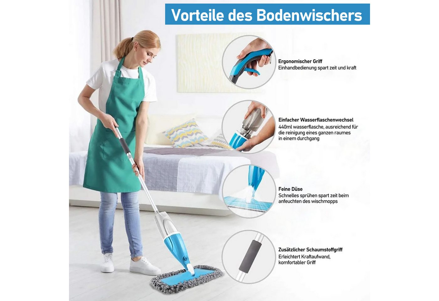 HUGERSTONE Sprühwischer Wischmopp Set mit 440ml Wassertank, Bodenwischer mit Sprühfunktion (mit 3 Waschbaren Mikrofaser Pads) Nass und Trockenwischer, 360 Grad  – Bild 2 von 5