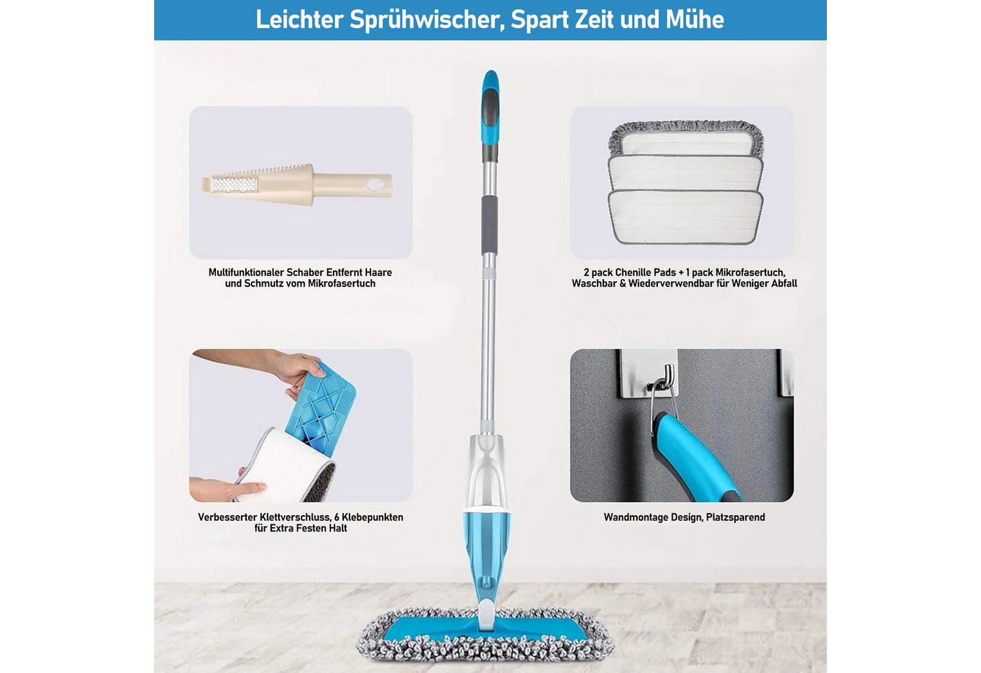 HUGERSTONE Sprühwischer Wischmopp Set mit 440ml Wassertank, Bodenwischer mit Sprühfunktion (mit 3 Waschbaren Mikrofaser Pads) Nass und Trockenwischer, 360 Grad  – Bild 5 von 5