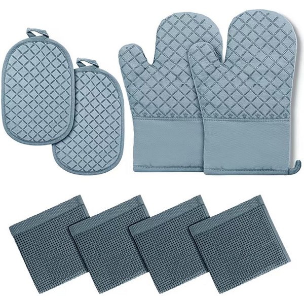 HUGERSTONE Topflappen Topfhandschuhe Hitzebestaendig bis 260°C, Rutschfeste Backhandschuhe, (Set, 8-tlg, 2 x Ofenhandschuhe + 2 x Topflappen + 4 x Geschirrtuch)
