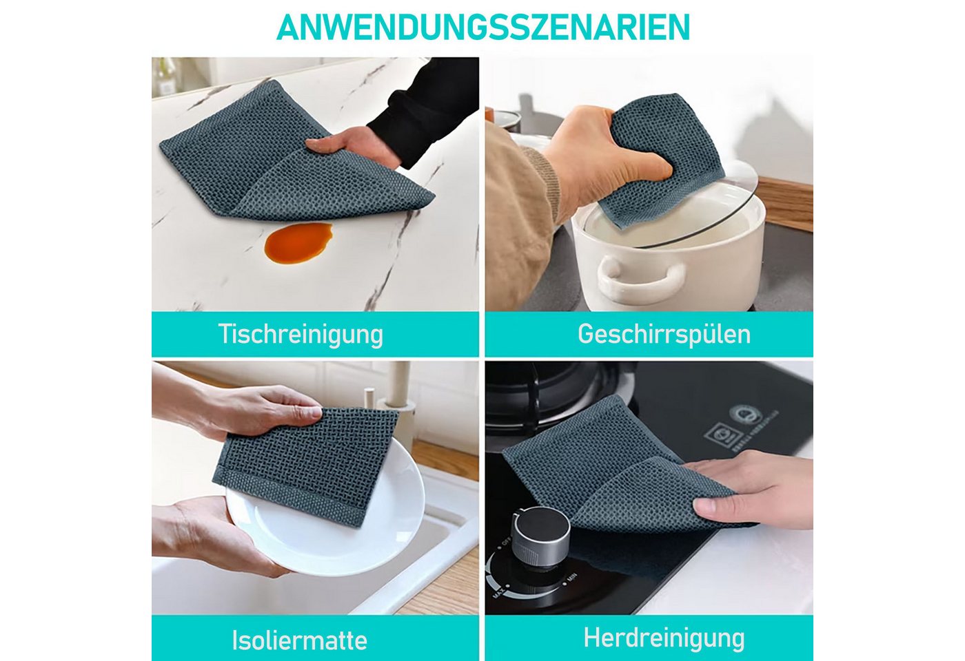 HUGERSTONE Topflappen Topfhandschuhe Hitzebestaendig bis 260°C, Rutschfeste Backhandschuhe, (Set, 8-tlg, 2 x Ofenhandschuhe + 2 x Topflappen + 4 x Geschirrtuch) – Bild 3 von 5