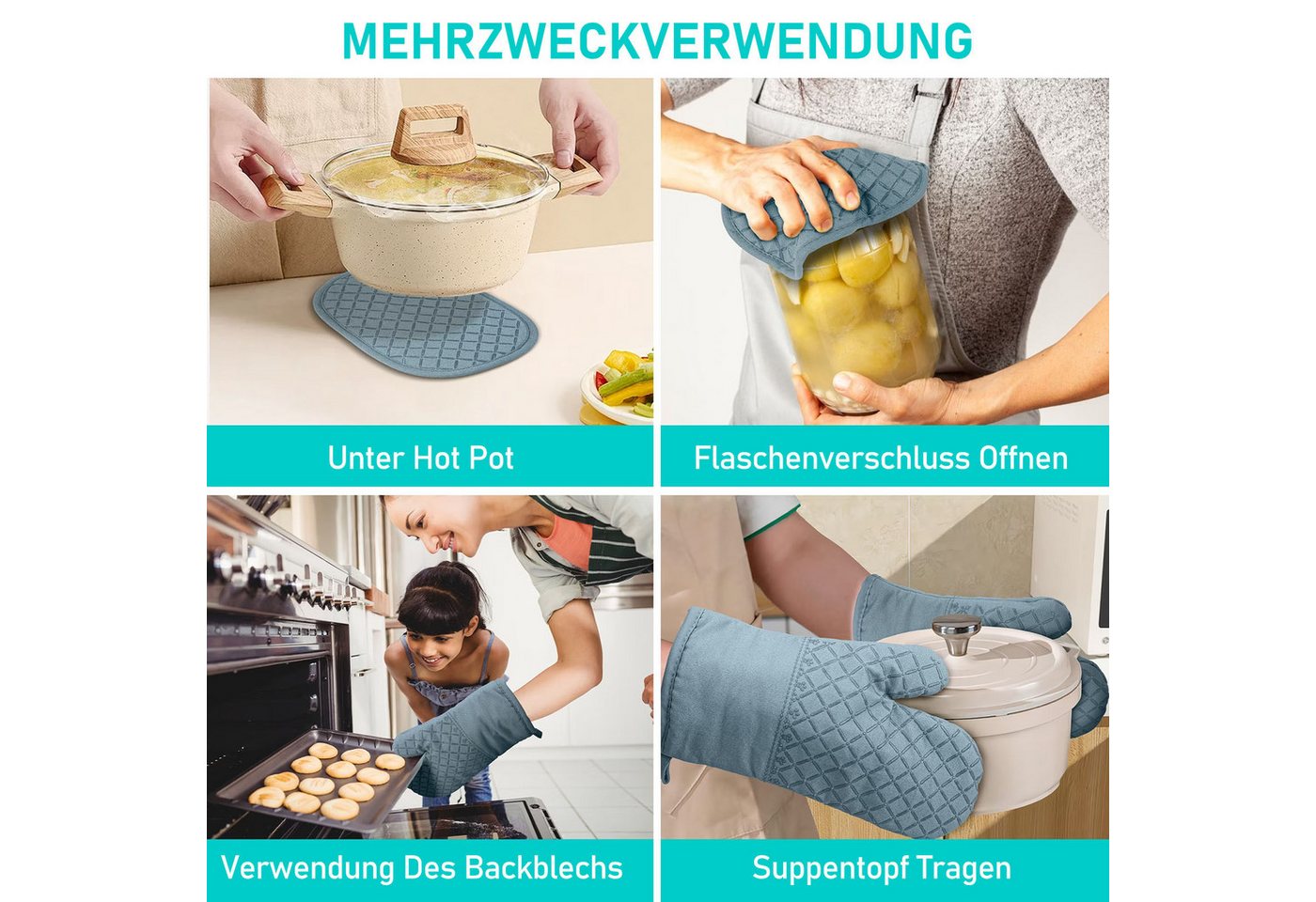 HUGERSTONE Topflappen Topfhandschuhe Hitzebestaendig bis 260°C, Rutschfeste Backhandschuhe, (Set, 8-tlg, 2 x Ofenhandschuhe + 2 x Topflappen + 4 x Geschirrtuch) – Bild 4 von 5