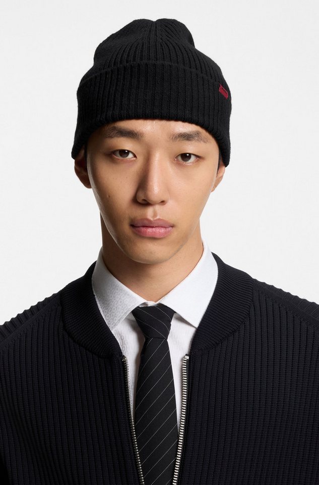 HUGO Beanie Xola mit Labelaufnäher, reine Wolle, unisex – Bild 3 von 5