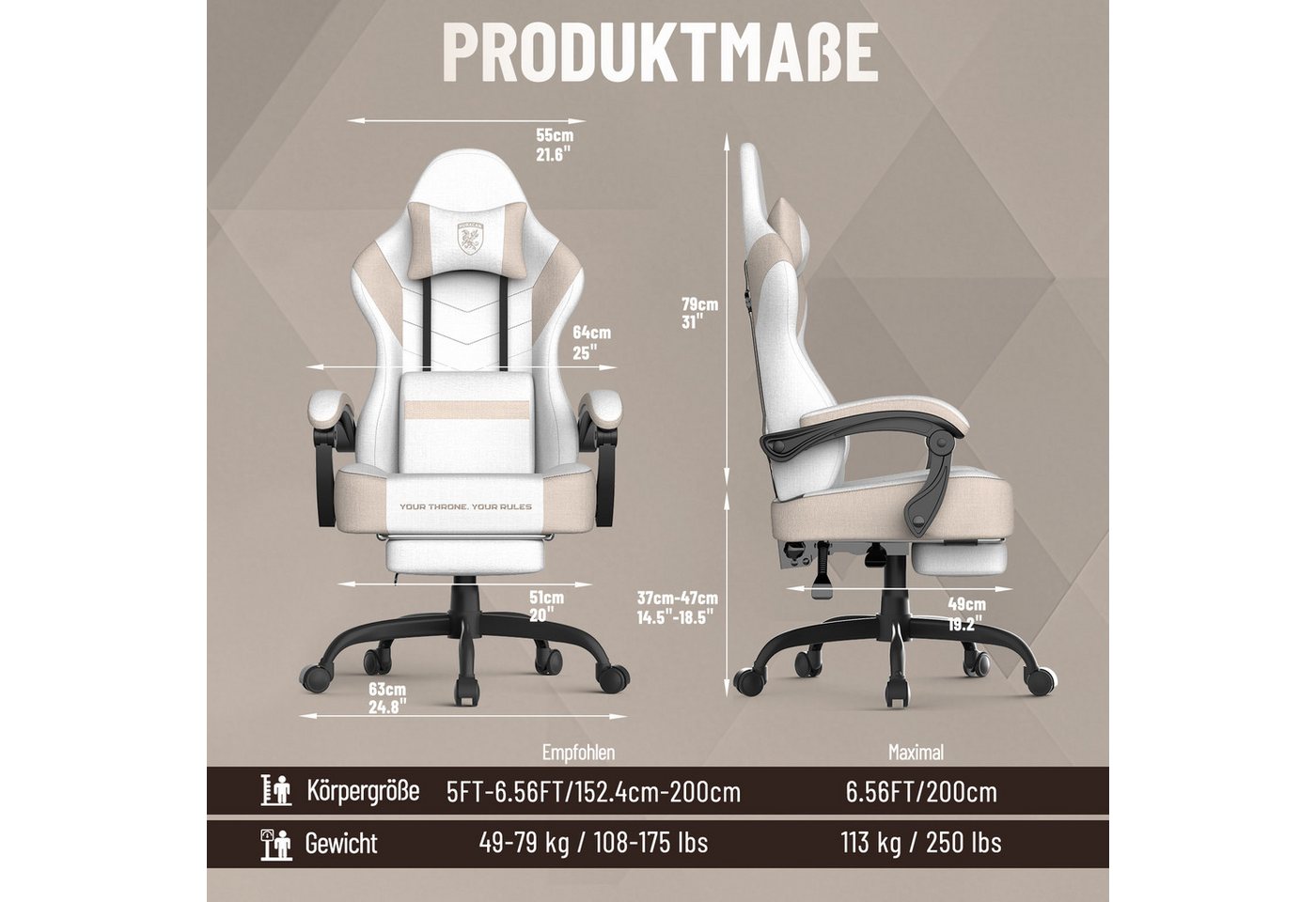 Huracan Gaming-Stuhl PC Stuhl,Gaming Sessel,mit Kopfstütze,Lumbarstütze,Fußstütze (Ergonomischer Gaming-Stuhl,90°–135° Neigung), 360° Drehbarer,ergonomisch Game – Bild 2 von 5