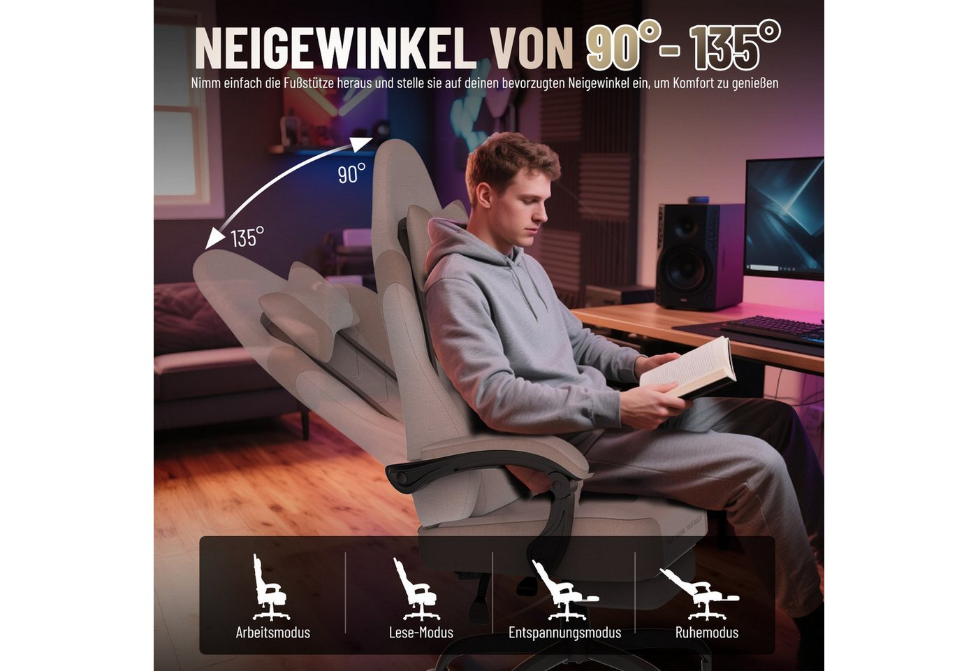 Huracan Gaming-Stuhl PC Stuhl,Gaming Sessel,mit Kopfstütze,Lumbarstütze,Fußstütze (Ergonomischer Gaming-Stuhl,90°–135° Neigung), 360° Drehbarer,ergonomisch Game – Bild 3 von 5