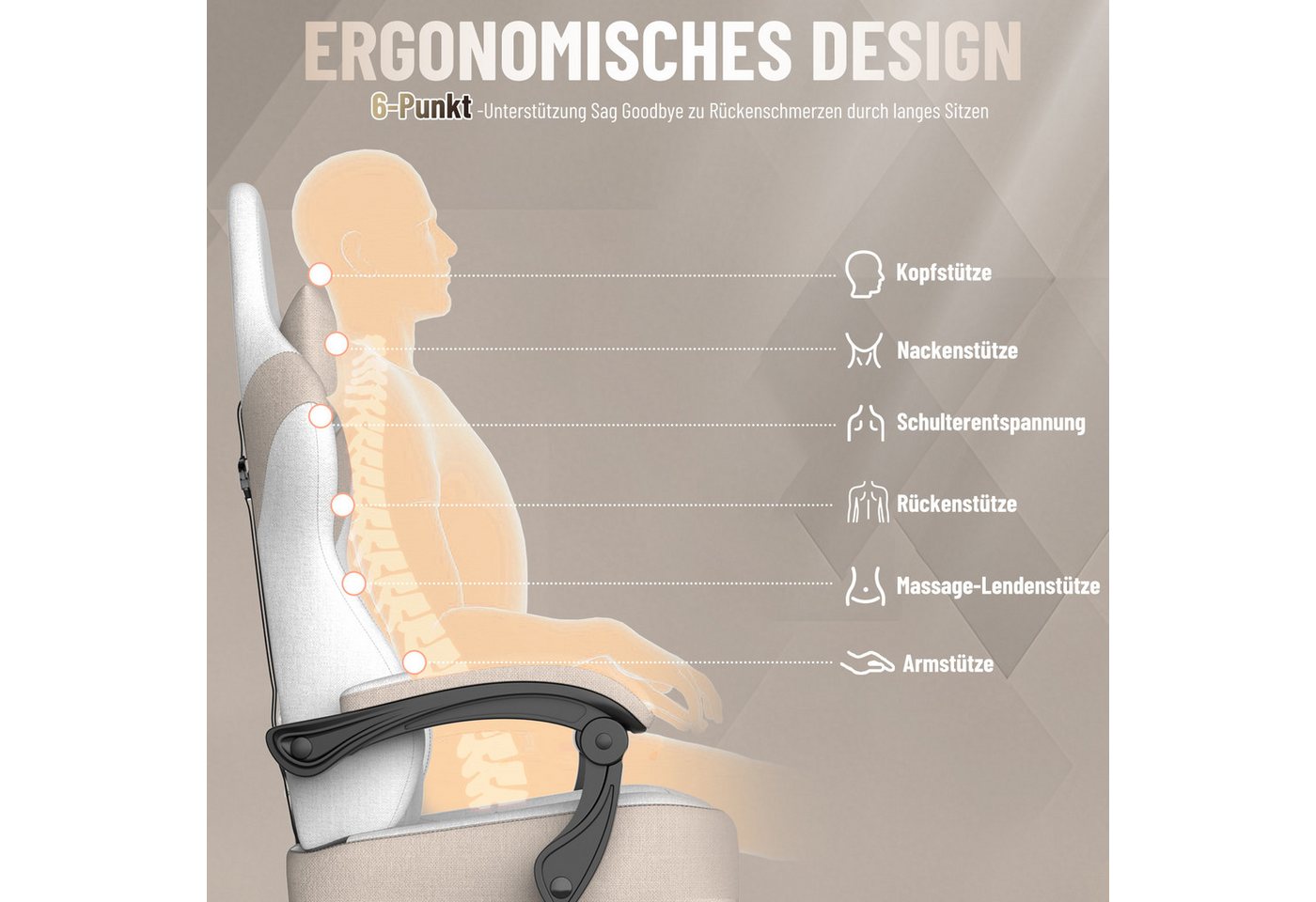Huracan Gaming-Stuhl PC Stuhl,Gaming Sessel,mit Kopfstütze,Lumbarstütze,Fußstütze (Ergonomischer Gaming-Stuhl,90°–135° Neigung), 360° Drehbarer,ergonomisch Game – Bild 5 von 5