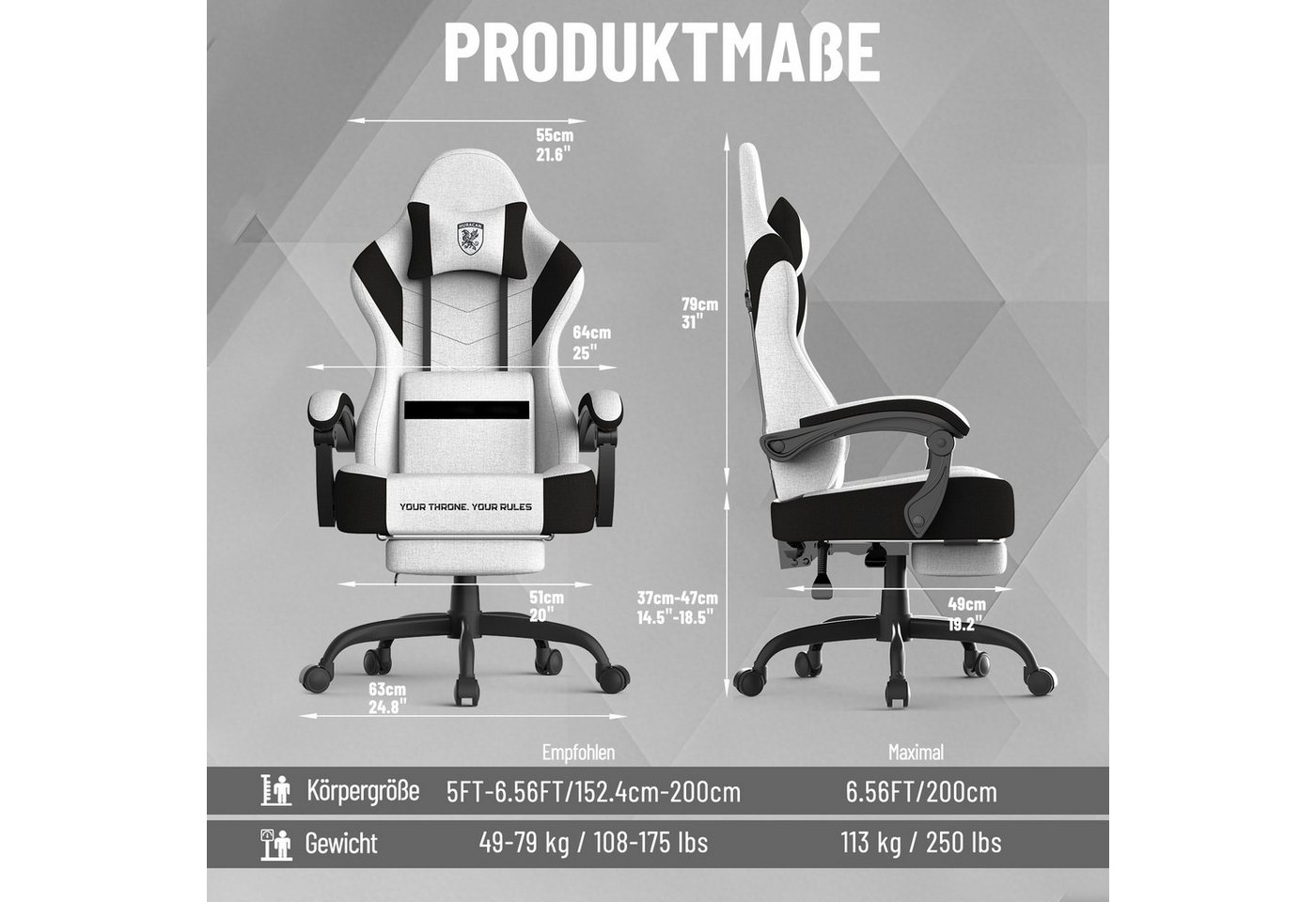 Huracan Gaming-Stuhl PC Stuhl,Gaming Sessel,mit Kopfstütze,Lumbarstütze,Fußstütze (Ergonomischer Gaming-Stuhl,90°–135° Neigung), 360° Drehbarer,ergonomisch Game – Bild 2 von 5