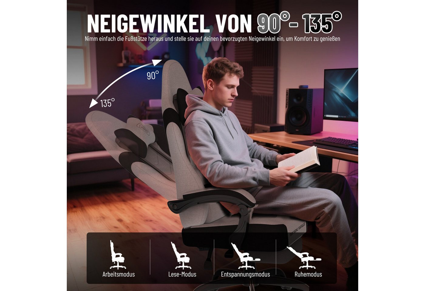Huracan Gaming-Stuhl PC Stuhl,Gaming Sessel,mit Kopfstütze,Lumbarstütze,Fußstütze (Ergonomischer Gaming-Stuhl,90°–135° Neigung), 360° Drehbarer,ergonomisch Game – Bild 3 von 5
