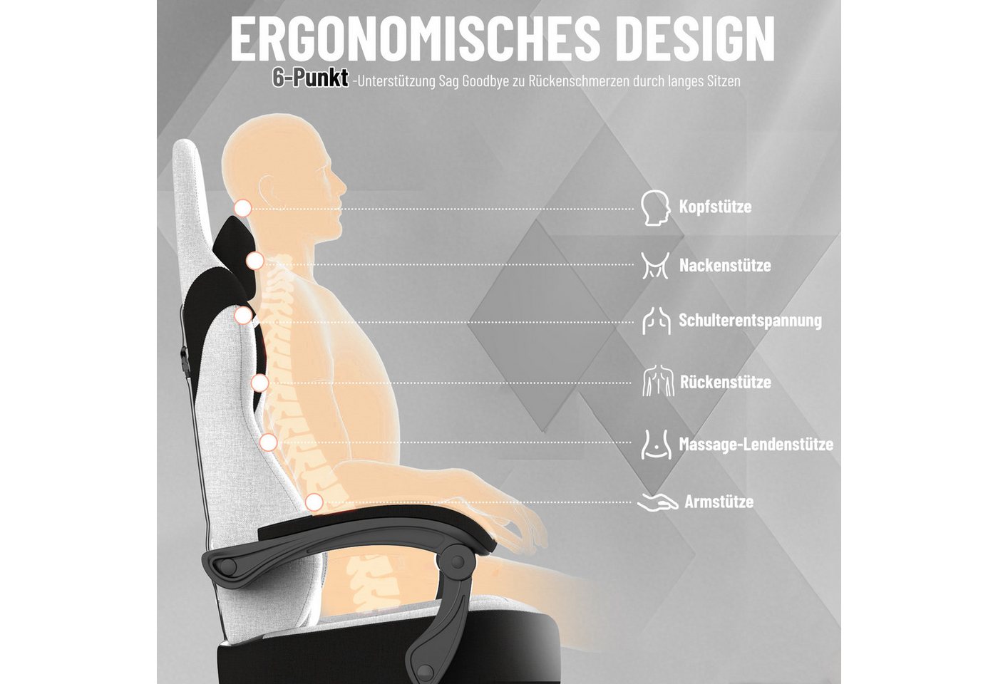 Huracan Gaming-Stuhl PC Stuhl,Gaming Sessel,mit Kopfstütze,Lumbarstütze,Fußstütze (Ergonomischer Gaming-Stuhl,90°–135° Neigung), 360° Drehbarer,ergonomisch Game – Bild 5 von 5
