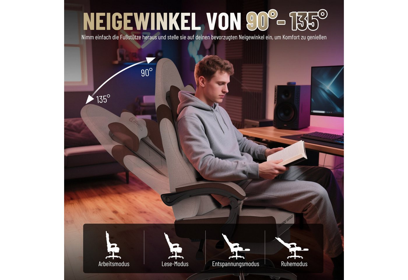 Huracan Gaming-Stuhl PC Stuhl,Gaming Sessel,mit Kopfstütze,Lumbarstütze,Fußstütze (Ergonomischer Gaming-Stuhl,90°–135° Neigung), 360° Drehbarer,ergonomisch Game – Bild 3 von 5